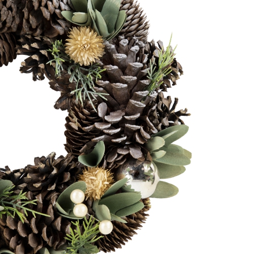 Silver and Green Mixed Foliage and Pinecone Christmas Wreath, 13.5-Inch, Unlit