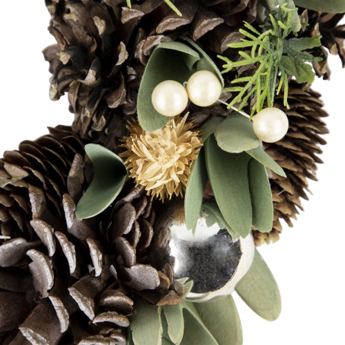 Silver and Green Mixed Foliage and Pinecone Christmas Wreath, 13.5-Inch, Unlit