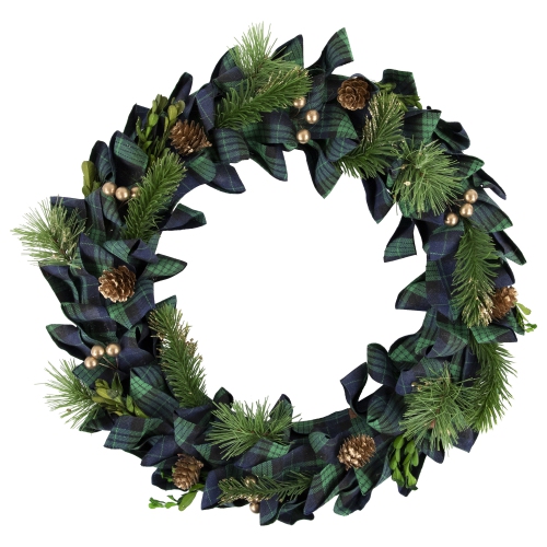 NORTHLIGHT  Pine Cones And Plaid Bow Artificial Pine Small Christmas Wreath 17.75-Inch Unlit