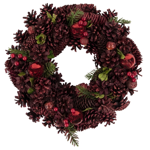NORTHLIGHT  Pinecone, Berry And Ornament Christmas Wreath, 13.5-Inch, Unlit In Red