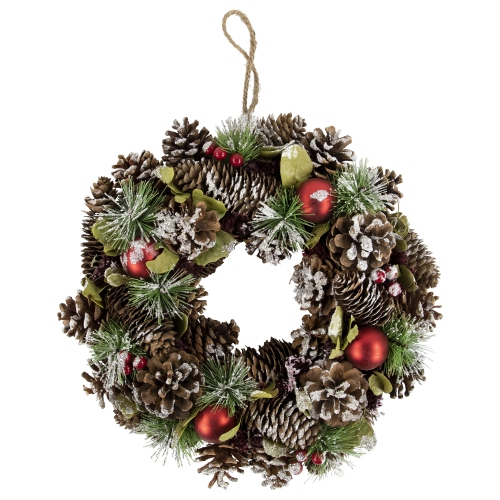 NORTHLIGHT  Frosted Pinecones, Ball Ornaments And Pine Needles Small Artificial Christmas Wreath - 13.5" - Unlit