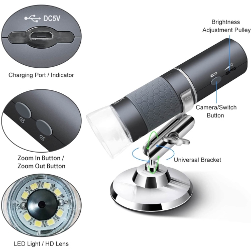 Microscope numérique Wi-Fi 4K, microscope numérique USB 50 à 1000X avec caméra endoscope Super HD sans fil compatible avec tous les téléphones