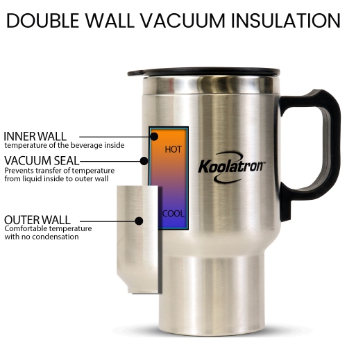 Koolatron 12V USB Heated Insulated Travel Mug, 17 oz, Stainless Steel Portable Thermal Tumbler