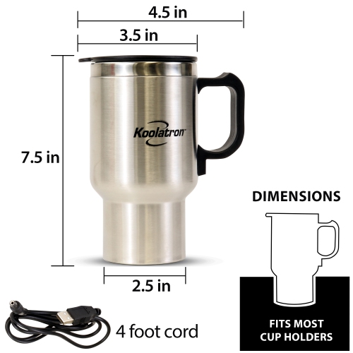 Koolatron 12V USB Heated Insulated Travel Mug, 17 oz, Stainless Steel Portable Thermal Tumbler