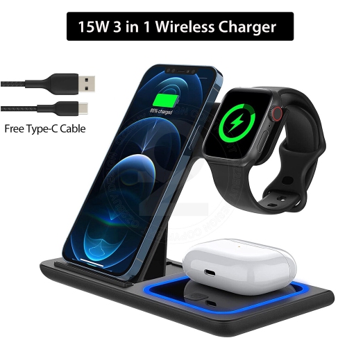 15W Qi 3in1 Fast Charging Wireless Charger Stand Dock Station For Apple iPhone 14 13 Pro Max 13 Mini Air Pods iPhone 11 12 Pro Max XR XS Max Apple