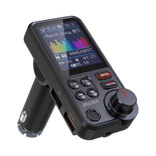 NIERBO  Fm Bluetooth Transmitter for Car, Strong Microphone Bluetooth Car Adapter With 1.8" Color Screen for Hands Free Calls, Supports Qc3.0 Charging