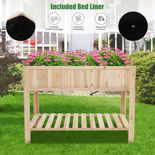 Gymax 47'' Wooden Raised Garden Bed w/Bottom Shelf & Bed Liner Outdoor Elevated Planter Box