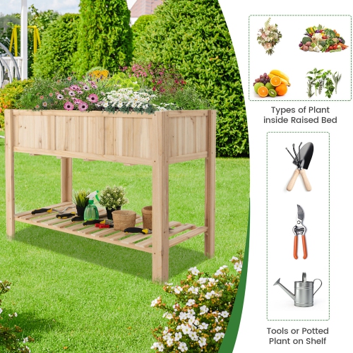 Gymax 47'' Wooden Raised Garden Bed w/Bottom Shelf & Bed Liner Outdoor Elevated Planter Box