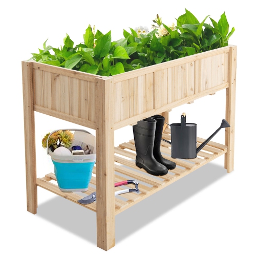 Gymax 47'' Wooden Raised Garden Bed w/Bottom Shelf & Bed Liner Outdoor Elevated Planter Box