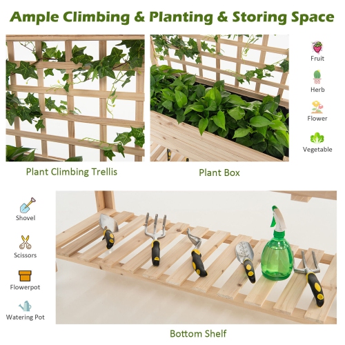 Gymax Raised Garden Bed Mobile Elevated Wooden Planter Box w/ Wheels Trellis Shelf