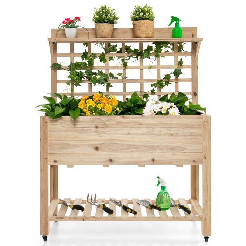 Gymax Raised Garden Bed Mobile Elevated Wooden Planter Box w/ Wheels Trellis Shelf