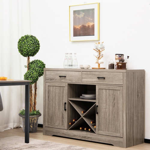 Gymax Kitchen Storage Buffet Cabinet Farmhouse Wooden Sideboard w/2 Drawer & Wine Rack