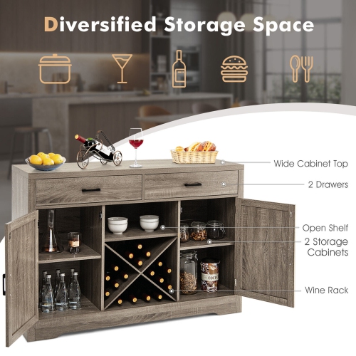 Gymax Kitchen Storage Buffet Cabinet Farmhouse Wooden Sideboard w/2 Drawer & Wine Rack
