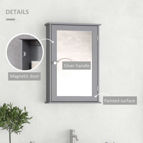 kleankin Bathroom Mirror Cabinet, Wall Mounted Medicine Cabinet, Storage Cupboard with Door and Shelves, Grey