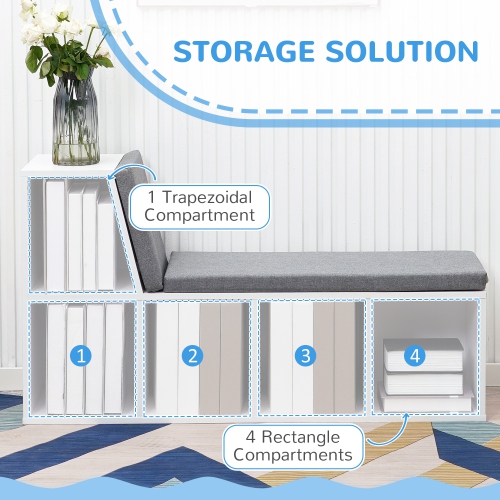 HOMCOM – Bibliothèque avec coin lecture, bibliothèque avec coussin de siège, 5 tablettes de rangement cubiques pour bureau à domicile, bureau, gris