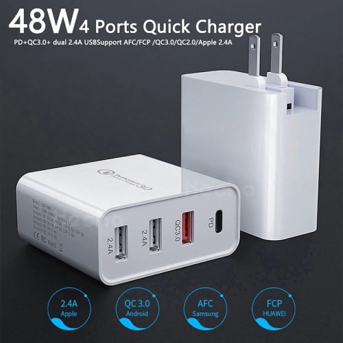 USB C Charger, Wall Plug QC3.0 48W PD Fast Charging Multi 4 Ports PD30W QC18W Fast Cell Phone Chargers iPhone 14/13/12/11/Pro Max/XS/XR/X, Pad Pro,