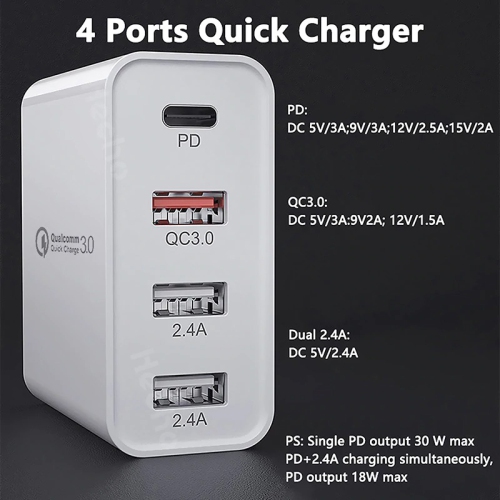 USB C Charger, Wall Plug QC3.0 48W PD Fast Charging Multi 4 Ports PD30W QC18W Fast Cell Phone Chargers iPhone 14/13/12/11/Pro Max/XS/XR/X, Pad Pro,