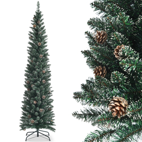 TOPBUY  5/6/7Ft Slim Pencil Tree Snowy Artificial Christmas Tree w 214/267/351 Pvc Branch Tips & 25/31/41 Pine Cones Full Holiday Decoration Tree