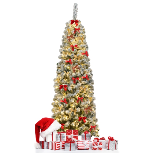 TOPBUY  4.5Ft/6Ft/7.5Ft Snow Flocked Pencil Pre-Lit Christmas Tree With Flexible Stand Thick Leaves Led Lights