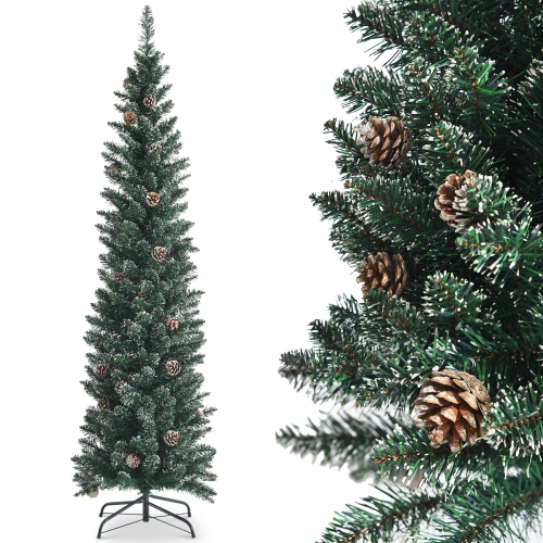 TOPBUY  5/6/7Ft Slim Pencil Tree Snowy Artificial Christmas Tree w 214/267/351 Pvc Branch Tips & 25/31/41 Pine Cones Full Holiday Decoration Tree