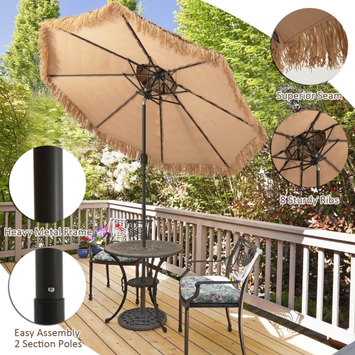 Topbuy 9 ft Outdoor Tiki Umbrella Double-Roof Hawaii Style Umbrella W/ Tilt Mechanism & Hand Crank 9-Tier Endothermic Straw 8 Sturdy Steel Ribs