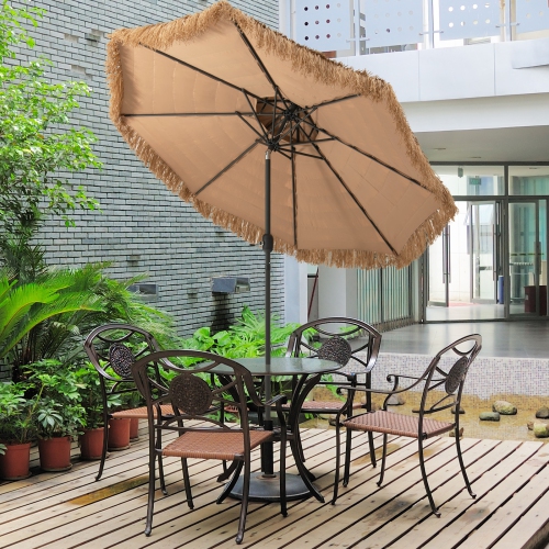 Topbuy 9 ft Outdoor Tiki Umbrella Double-Roof Hawaii Style Umbrella W/ Tilt Mechanism & Hand Crank 9-Tier Endothermic Straw 8 Sturdy Steel Ribs