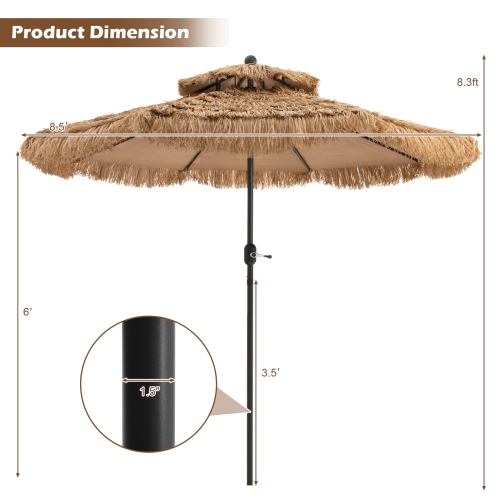 Topbuy 9 ft Outdoor Tiki Umbrella Double-Roof Hawaii Style Umbrella W/ Tilt Mechanism & Hand Crank 9-Tier Endothermic Straw 8 Sturdy Steel Ribs