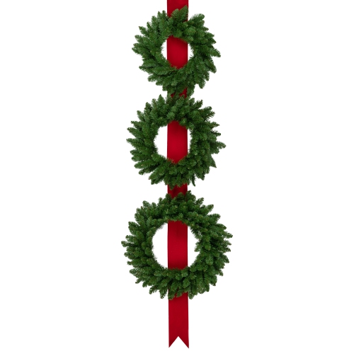 Set of 3 Wreaths on Red Ribbon Hanging Christmas Decoration, 6.5'