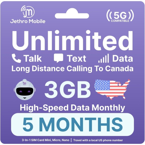 Jethro Mobile Prepaid USA Carte SIM de voyage, 4G LTE High-Speed Data, appels illimités et messages texte, sans contrat, 5 mois