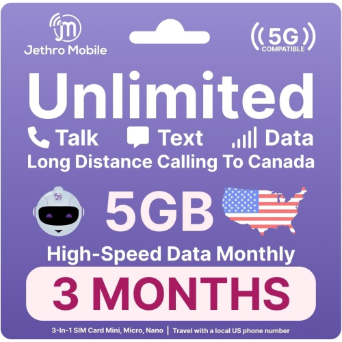 Jethro Mobile Prepaid USA Carte SIM de voyage, 4G LTE High-Speed Data, appels illimités et messages texte, sans contrat, 3 mois