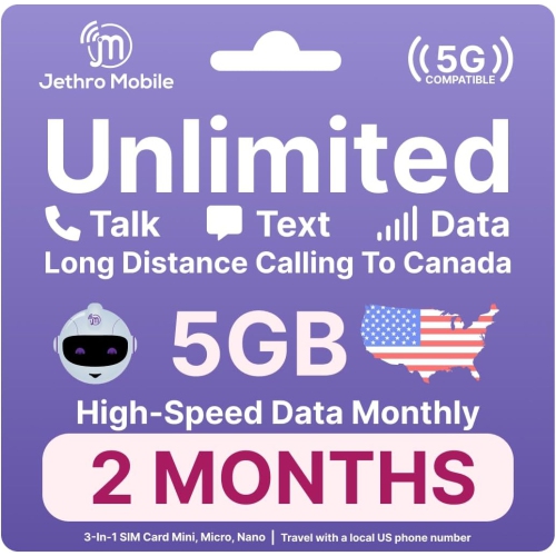 Jethro Mobile Prepaid USA Carte SIM de voyage, 4G LTE High-Speed Data, appels illimités et messages texte, sans contrat, 2 mois