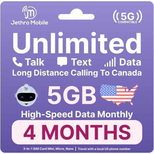 Jethro Mobile Prepaid USA Carte SIM de voyage, 4G LTE High-Speed Data, appels illimités et messages texte, sans contrat, 4 mois