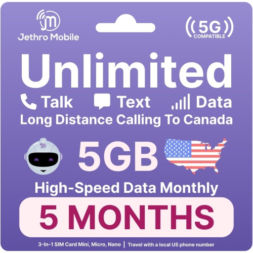 Jethro Mobile Prepaid USA Carte SIM de voyage, 4G LTE High-Speed Data, appels illimités et messages texte, sans contrat, 5 mois