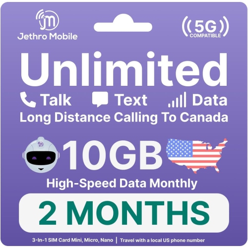 Jethro Mobile Prepaid USA Carte SIM de voyage, 4G LTE High-Speed Data, appels illimités et messages texte, sans contrat, 2 mois