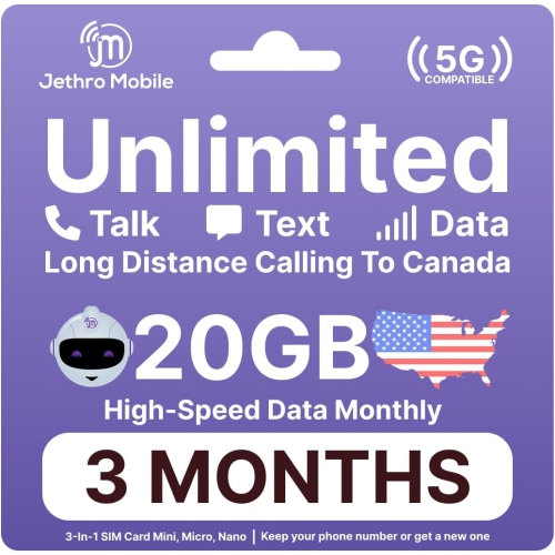 Jethro Mobile Prepaid USA Carte SIM de voyage, 4G LTE High-Speed Data, appels illimités et messages texte, sans contrat, 3 mois