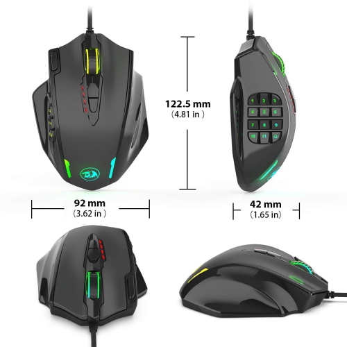 Redragon M908 Impact RGB LED MMO Mouse with Side Buttons Optical Wired Gaming Mouse with 12,400DPI, High Precision, 20 Programmable Mouse Buttons