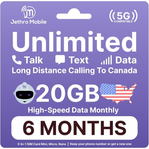 Jethro Mobile Prepaid USA Carte SIM de voyage, 4G LTE High-Speed Data, appels illimités et messages texte, sans contrat, 6 mois