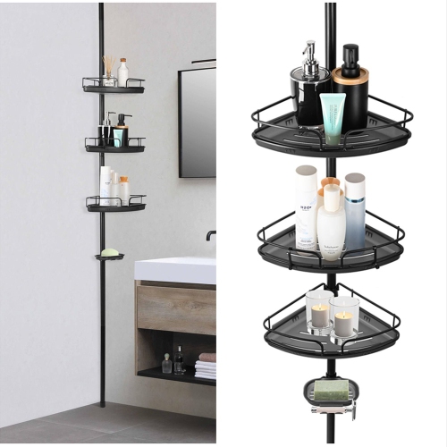 SortWise Adjustable Bathroom Shower Caddy Shelf, Tension Corner Pole Rod Rack With 4 Baskets For Shampoo Soap - Black