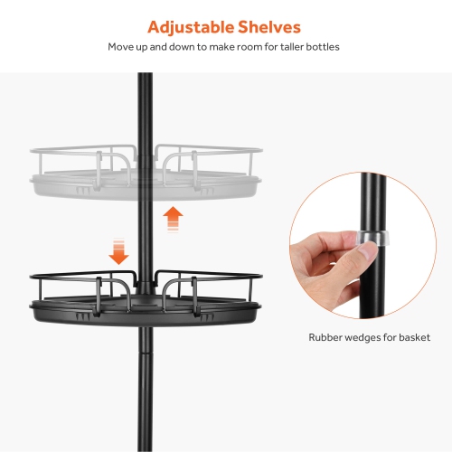 96.85 to 104.72in Adjustable Height Bathroom Shower Caddy Shelf, Tension Corner Pole Rod Rack with 4 Baskets for Shampoo Soap