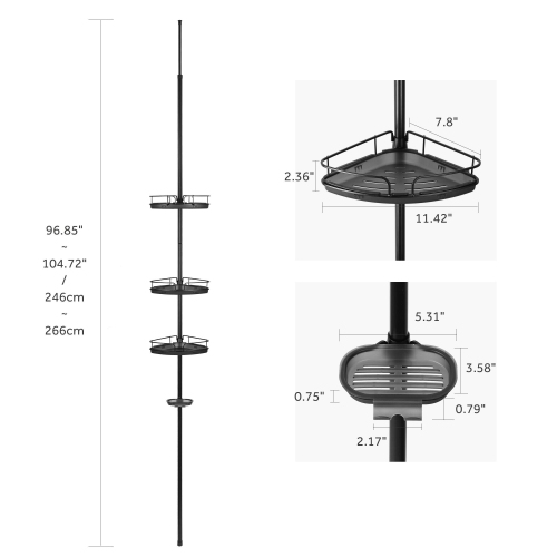 96.85 to 104.72in Adjustable Height Bathroom Shower Caddy Shelf, Tension Corner Pole Rod Rack with 4 Baskets for Shampoo Soap