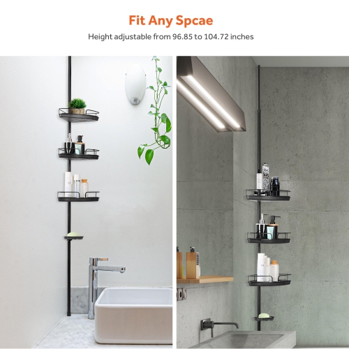 96.85 to 104.72in Adjustable Height Bathroom Shower Caddy Shelf, Tension Corner Pole Rod Rack with 4 Baskets for Shampoo Soap