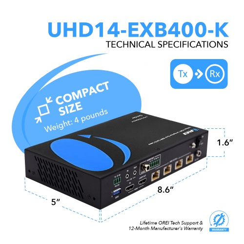 4K UltraHD 1x4 HDMI Extender Splitter Over CAT6/7 Up to 400 Ft with HDBaseT, EDID, IR Control