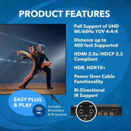 4K UltraHD 1x4 HDMI Extender Splitter Over CAT6/7 Up to 400 Ft with HDBaseT, EDID, IR Control