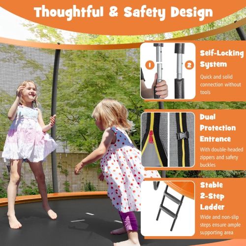 Topbuy Trampoline 10FT Approved Recreational Trampoline with Ladder Enclosure Safety Pad and Anti-Rust Galvanized Steel Frame Black/Blue/Orange