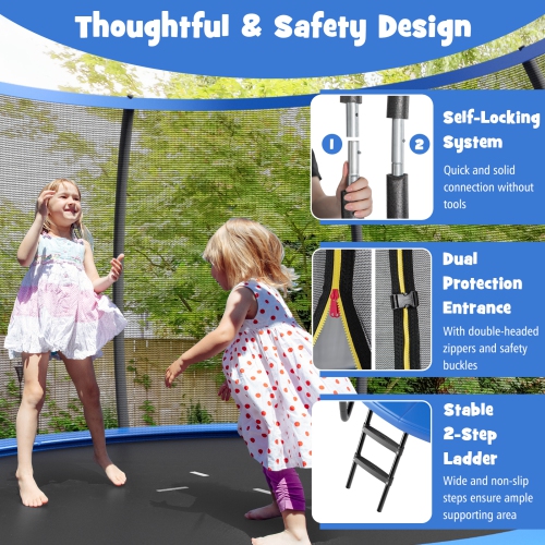 Topbuy Trampoline 12FT Approved Recreational Trampoline with Ladder Enclosure Safety Pad and Anti-Rust Galvanized Steel Frame Black/Blue/Orange