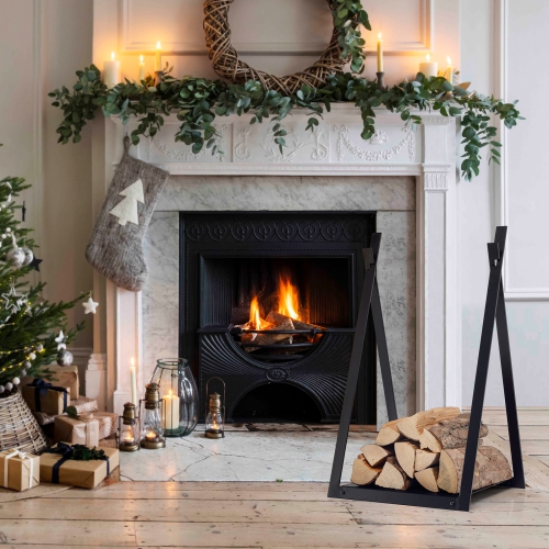 Topbuy 16" Triangle Fireplace Rack Decorative Log Storage Holder w/ Raised Base Heavy-Duty Steel Frame & Solid Base
