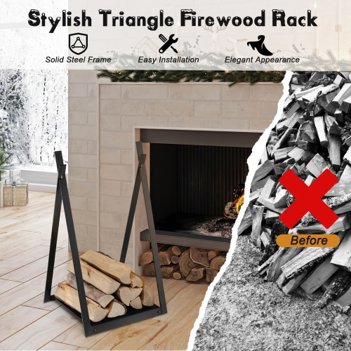 Topbuy 16" Triangle Fireplace Rack Decorative Log Storage Holder w/ Raised Base Heavy-Duty Steel Frame & Solid Base