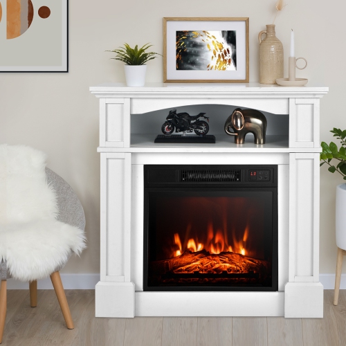 Topbuy 32" Electric Fireplace with Mantel 1400W Freestanding Heater with Remote Control & Adjustable Brightness White/Brown