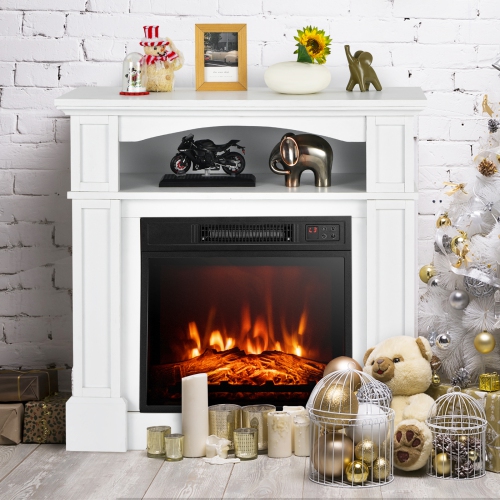 Topbuy 32" Electric Fireplace with Mantel 1400W Freestanding Heater with Remote Control & Adjustable Brightness White/Brown