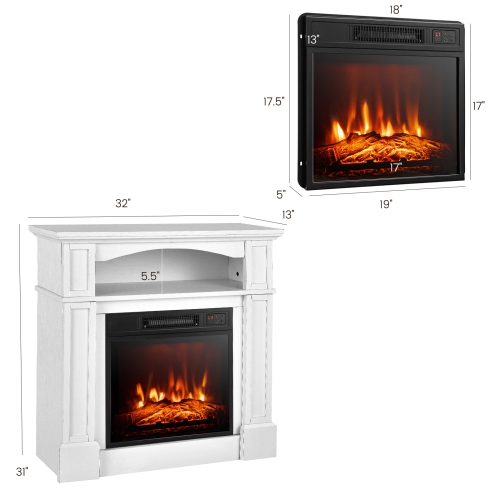 Topbuy 32" Electric Fireplace with Mantel 1400W Freestanding Heater with Remote Control & Adjustable Brightness White/Brown